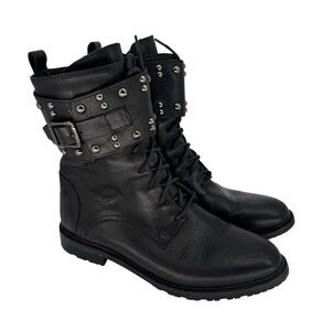 Fabianelli Studded Combat Black Leather Lace Up Midcalf Emo Moto Boots 8